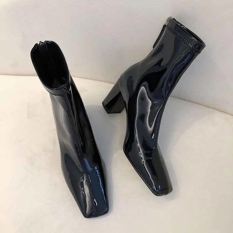 

Thick Heel Square Toe Back Zipper Boots Black Patent Leather Ankle Boats Large Size Botines Femininas Women Shoes Zapato