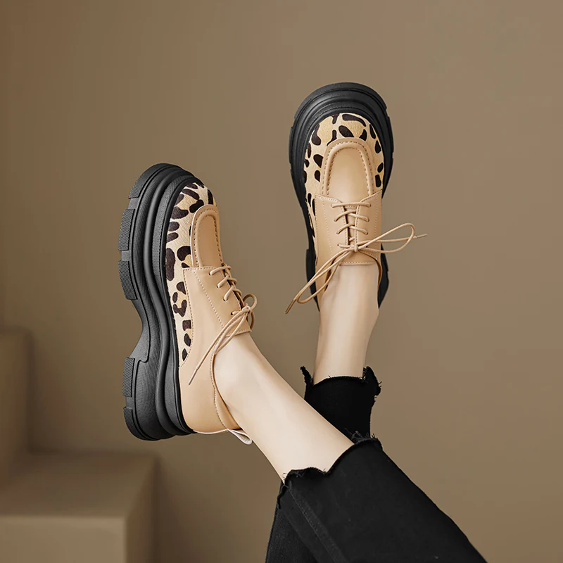 

Genuine Leather Horsehair Sheepskin Splice Platform Women Loafers Fashion Casual Sneakers Round Toe Women Shoes