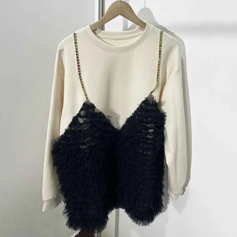 [EWQ] Sweet Big Size Trend Long Sweatshirt Mesh Splicing Suspender Beading Fake Two-piece Tops Women 2025 Autumn Pullover Knit