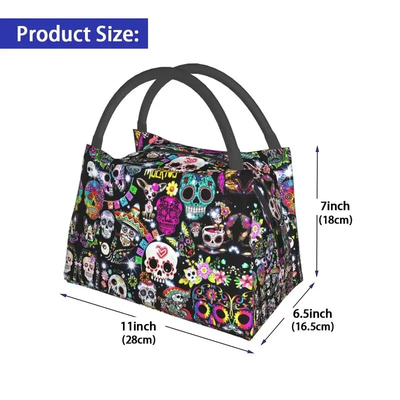 Horror Mexican Day Of The Dead Sugar Skull Insulated Lunch Bag for Halloween Thermal Cooler Lunch Box Beach Camping Travel