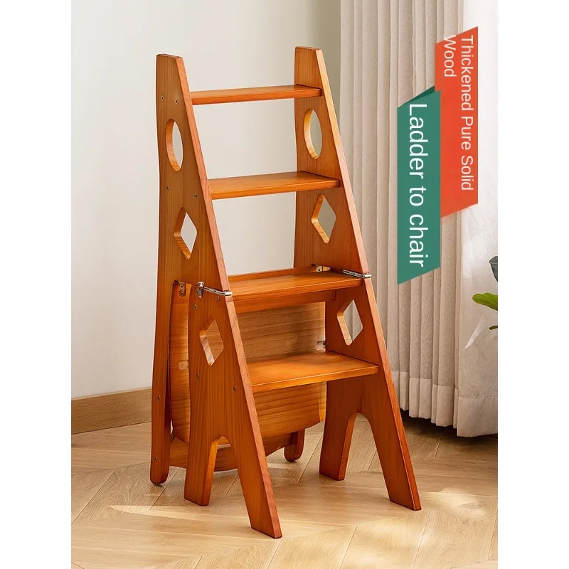 Expandable Solid Wood Ladder Chair Indoor Folding Stool with Cross-shaped Structure for Multipurpose Use