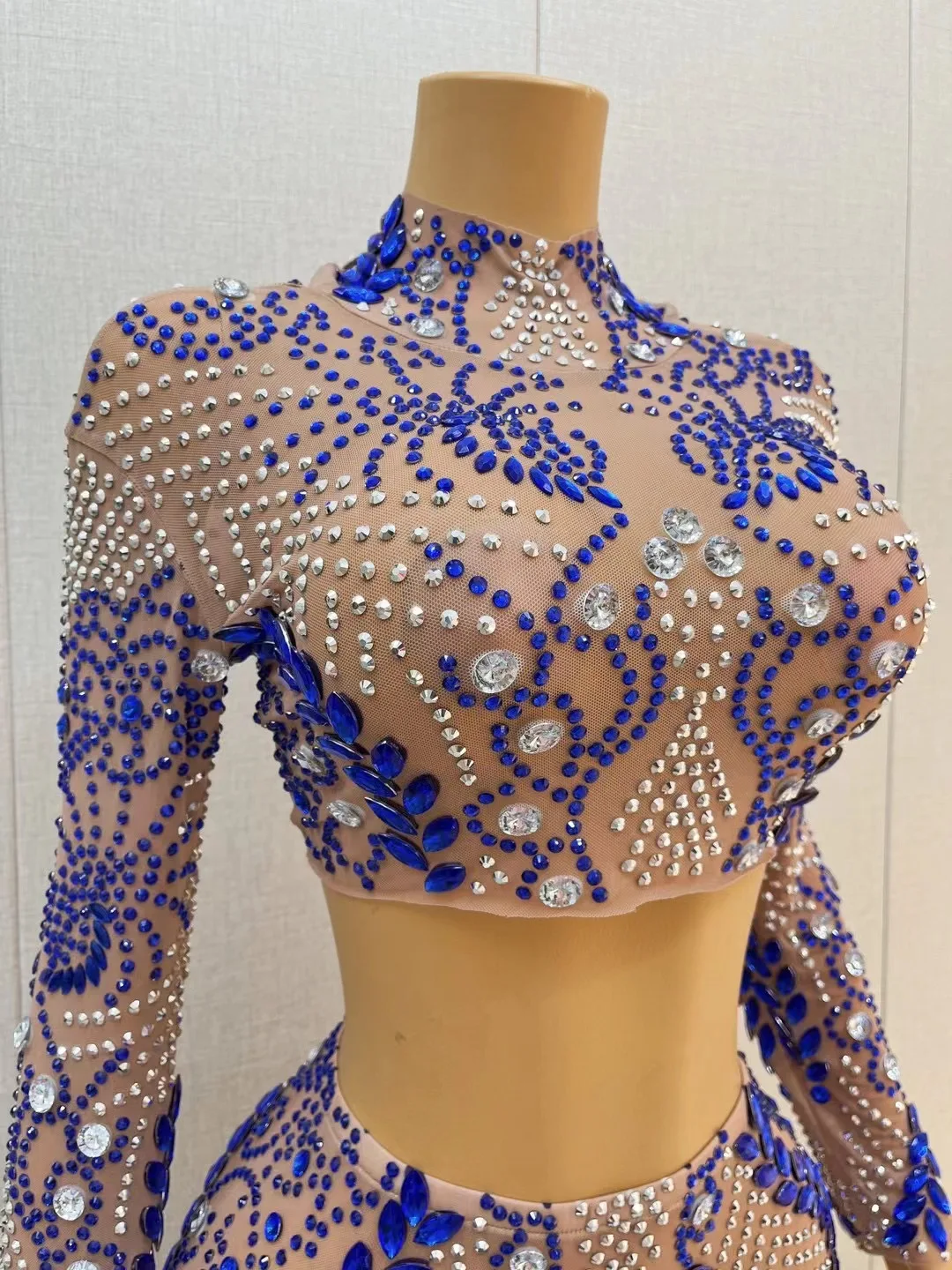 انظر من خلال فستان أحجار الراين الزرقاء ، فساتين المغني الفاخرة ، تصميم بلورات ، شفاف ، مثير ، C232