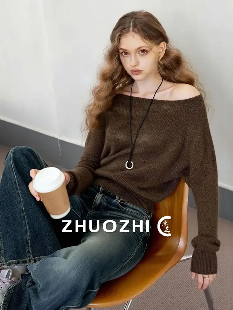 

ZhuoZhi Vintage Batwing Sve Knitted Sweater Loose Breathable One oulder Top Soft Comfortable Long Sve Autumn New Arrival