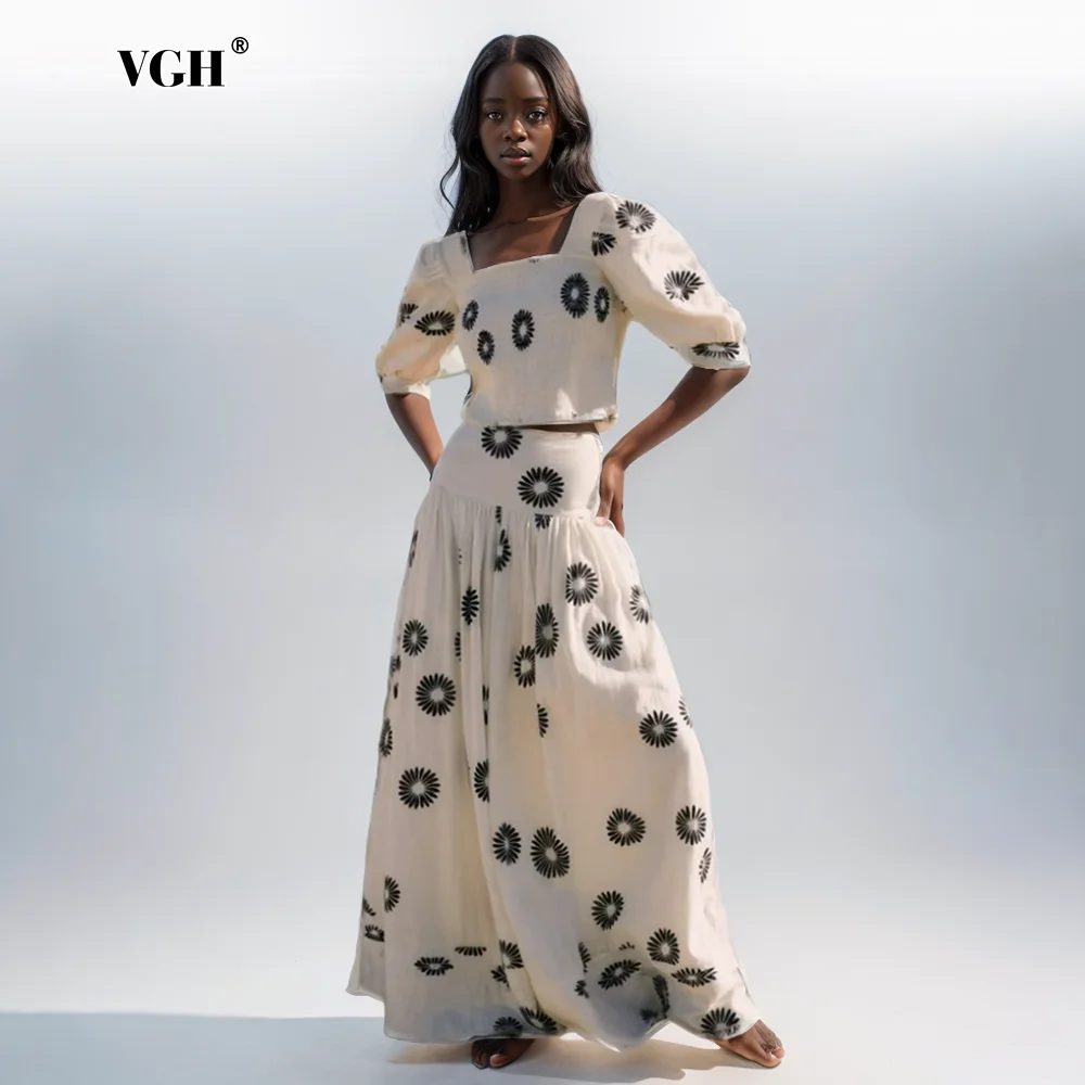 

VGH Casual Printing Two Piece Sets For Women Square Collar Puff Sleeve Tops High Waist A Line Skirts Minimalist Set Female New