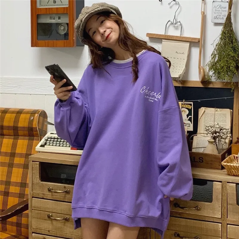 Hoodies Women Candy Color Sweet O-Neck Harajuku Oversize All-match Loose Simple Womens Sweatshirt Chic Ulzzang Daily Printed New