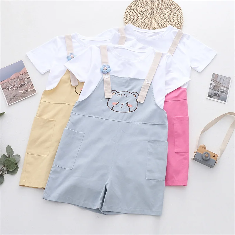 Japanese Sen Women's Soft And Cute Cartoon Print White T-Shirt+Pocket Embroidery Casual Strap Pants Two Piece Set For Women