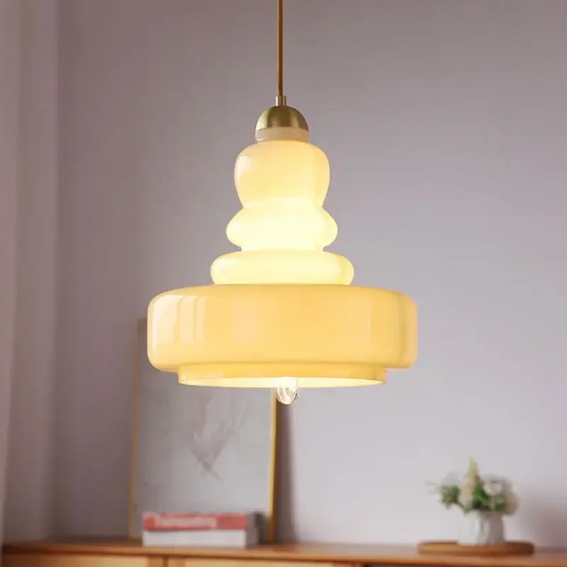 

SANDYHA Nordic Retro Glass Pendant Light Cream Hanging Lamp LED Ceiling Chandelier for Living Bedroom Bedside Dining Table Home