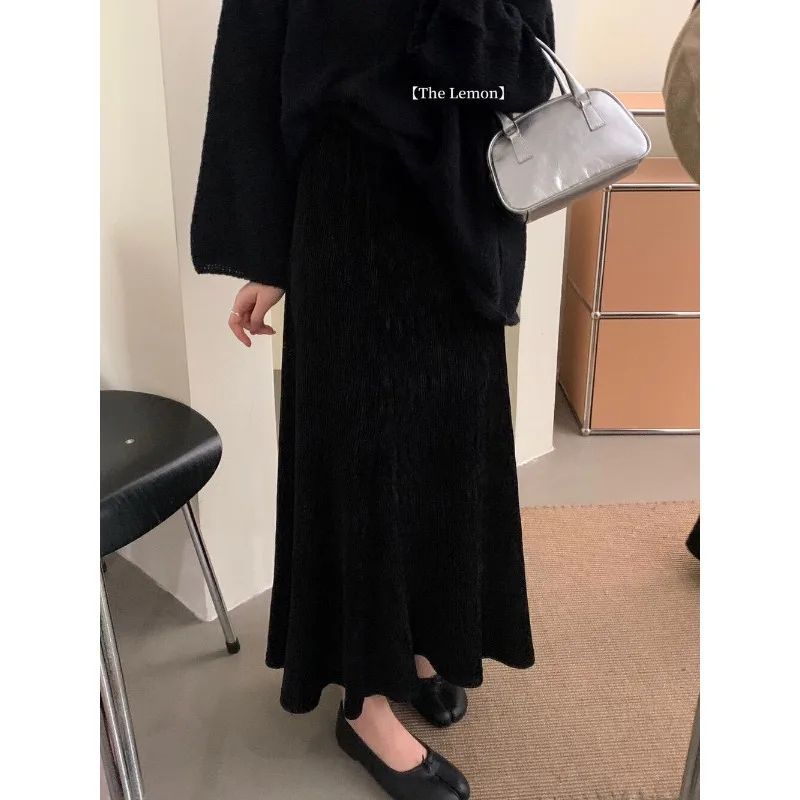 Retro feminino outono e inverno nova cintura alta magro em linha reta hip-abraçando saia de veludo rabo de peixe