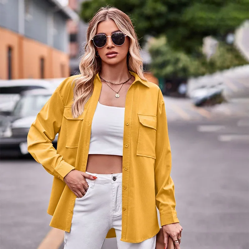 2024 Autumn/Winter New Comfortable and Casual Double Pocket Solid Color Single breasted Long sleeved Shirt for Women YBF35-3