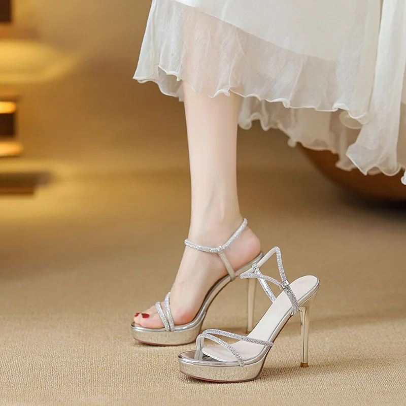 2026 Women's Silver Rhinestone Platform High Heel Sandals Strappy Ankle Strap Party Evening Dress Shoes Q-471 - view 3