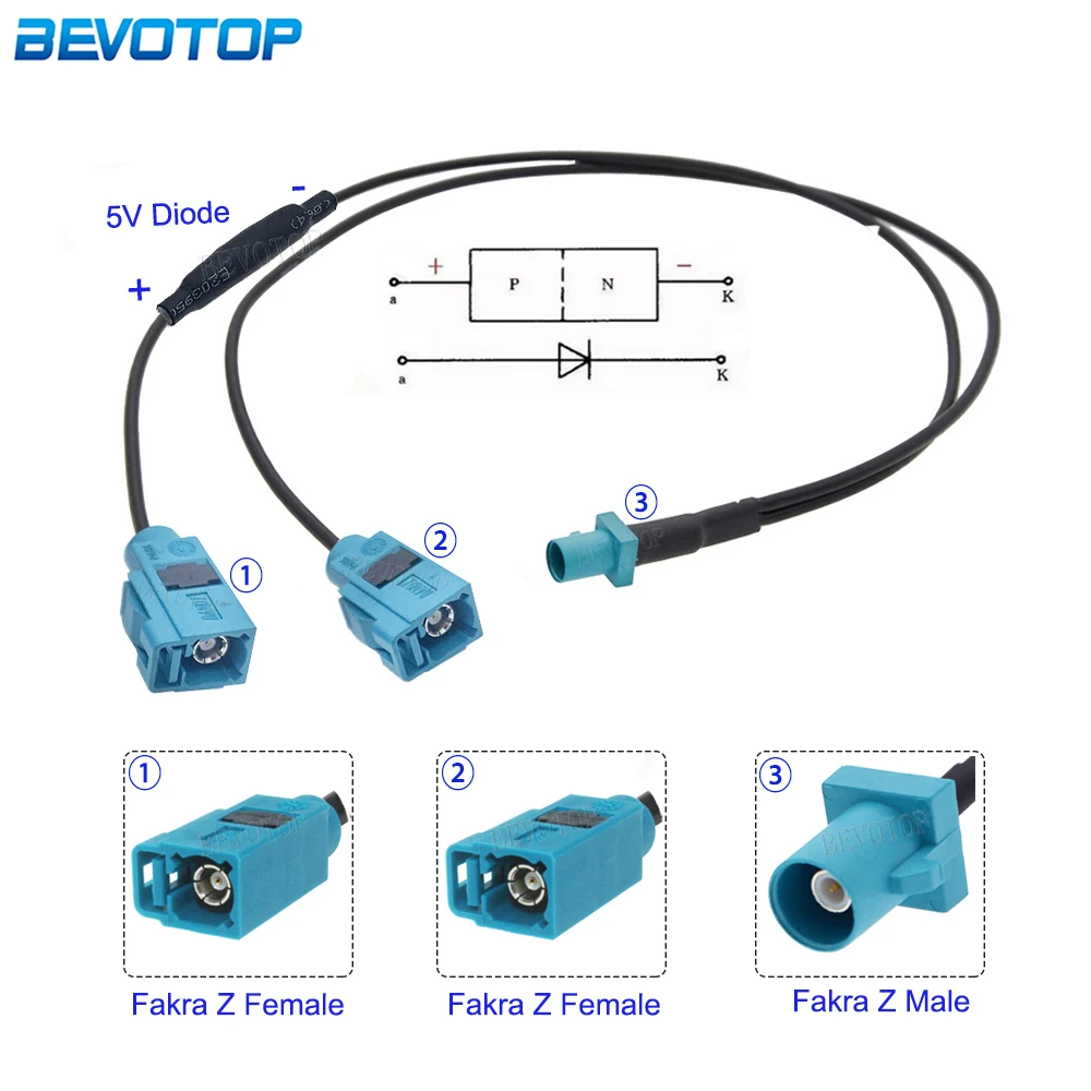 

RG-174 Fakra Z Male to Dual Fakra Z Female Jack Y Type Splitter Cable With Diode RG174 Pigtail Car GPS Antenna Extension Cable