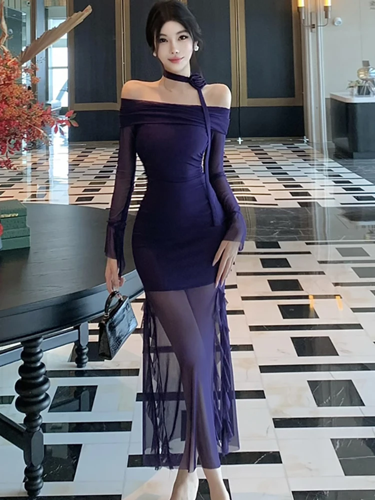 2025 Viola Maglia Patchwork Sheer Sexy Increspato Abito Lungo Donne Elegante Slash Neck Vestito Sexy Autunno Inverno Coreano Vestito Aderente