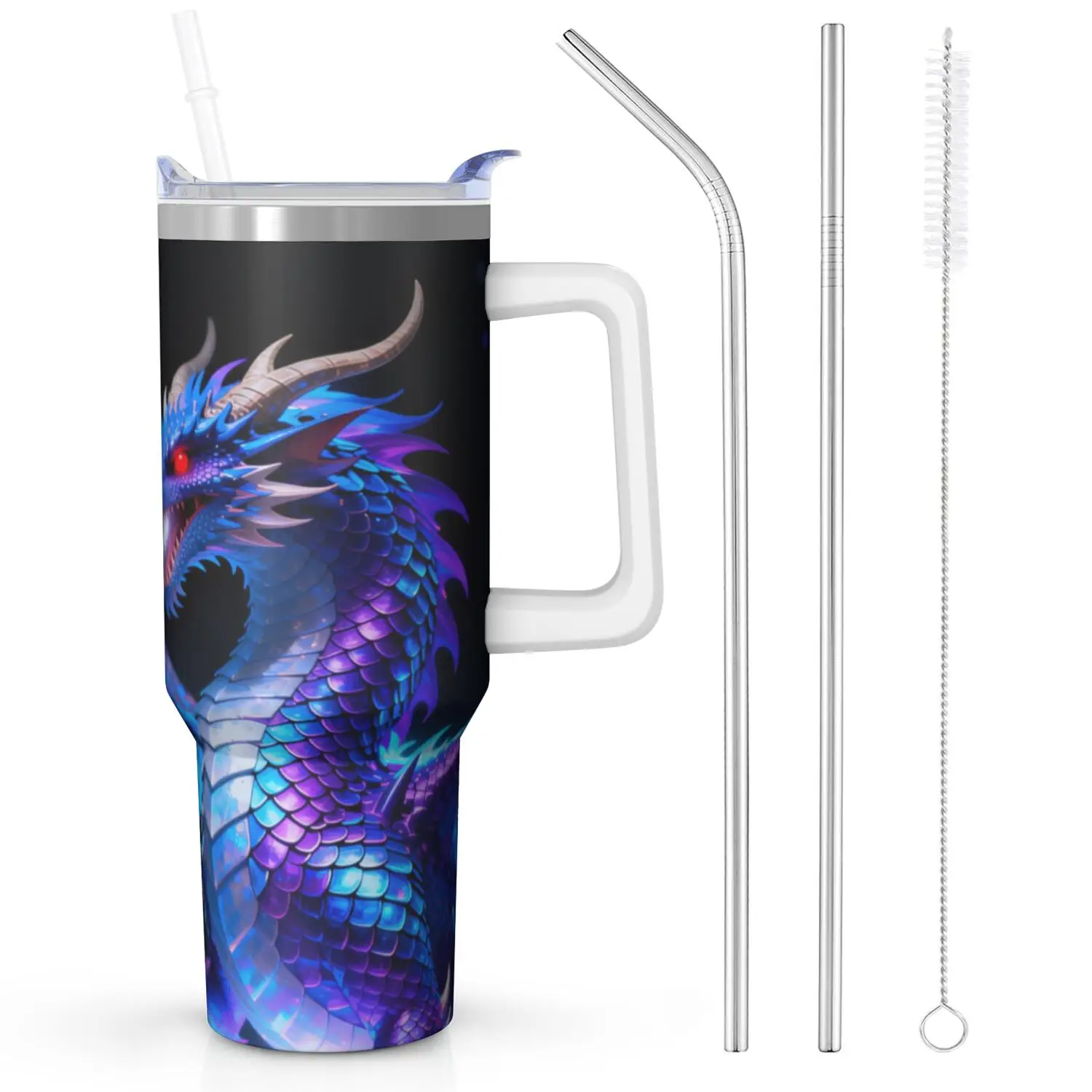 Dragon Handle Cup Set with Straw, Maximum Capacity 40oz, Inner Layer 304 Stainless Steel, Outer Layer 201 Stainless Steel, Seamless Inner Liner, Lid Made of PC Material, Suitable for Home, Office, Outdoor, Sports, and Car Use