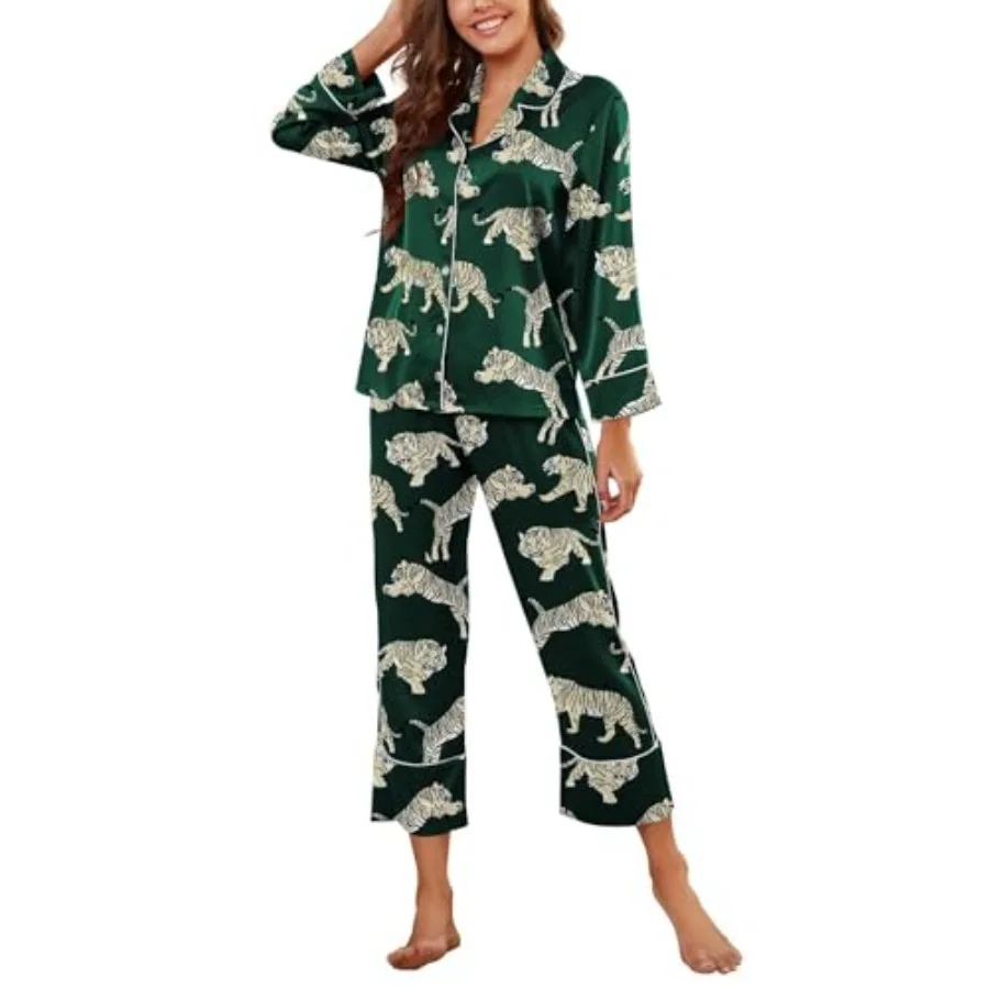 Brosloth Women's Silk Satin Pajamas Pjs Sets Cute Lace Pattern Two Pcs Loungewear Set Button Up Pajamas Sleepwear