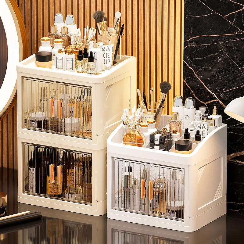 Armoire de rangement pour maquillage à plusieurs niveaux, grande capacité, anti-poussière et étanche, boîte de rangement luxueuse et élégante, résout le problème du maquillage désordonné sur le bureau, élimine la nécessité de nettoyer, boîte de rangement pour cosmétiques et produits de soin de la peau pour la maison, pour la chambre, la salle de bain et la coiffeuse, un cadeau pratique et attentionné pour femme ou meilleure amie lors des fêtes ou anniversaires.
