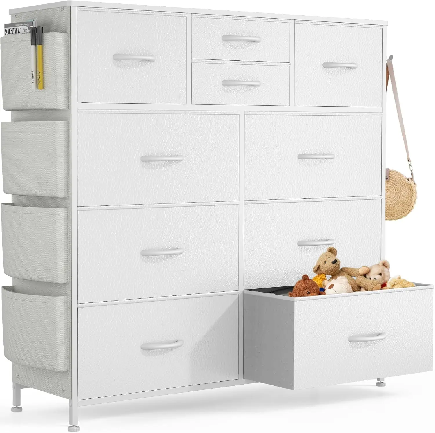 White bedroom vanity with 10 drawers, drawer box with side pockets and hooks, PU storage vanity, living room, hallway