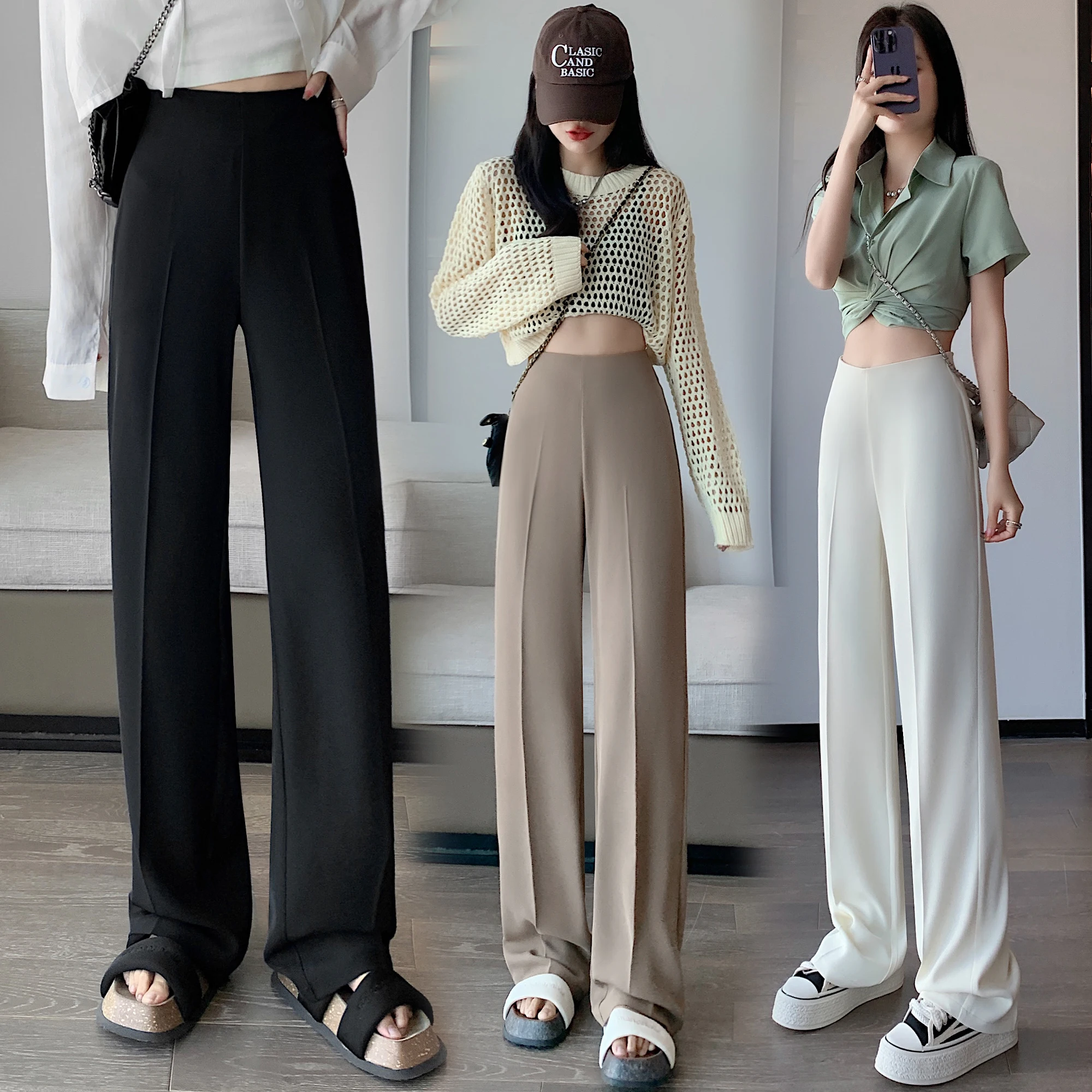 Hohe Taille Khaki Anzug Breites Bein frauen Volle Hosen 2024, Neue Frühling Sommer Weibliche Elegante Minimalismus Gerade Lose Hosen