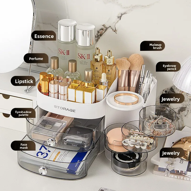 Rotating Makeup Organizer with Drawer Plastic Cosmetic Storage Box with Divider for Desktop Compact Travel Makeup Case for Women