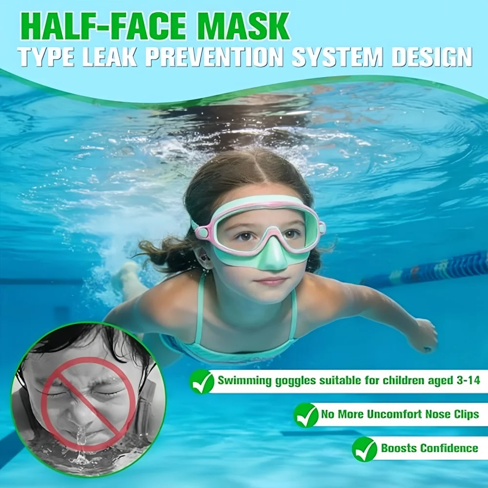 Kids Swimming Goggles with Nose Cover Wide View Diving Mask Anti-Fog UV Protection No Leak for Toddlers Aged 3-15