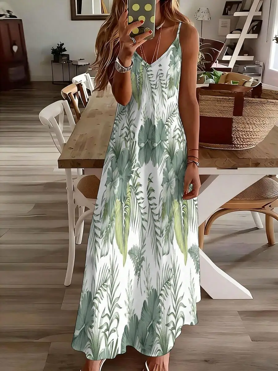 

Womens Tropical Leaf Print Slip Dress V Neck Maxi Dress