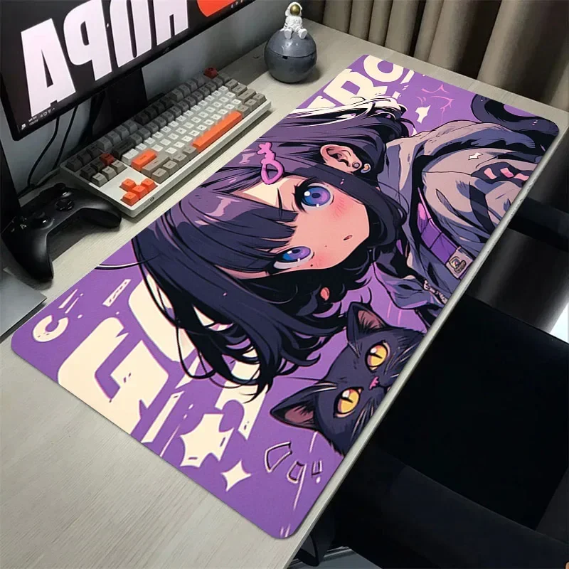 Girls and Cat Xxl Mouse Pad 900x400 Kawaii Anime Girl Desk Mat Pc Gamer Gaming Accessories Computer Offices Mousepad Keyboard