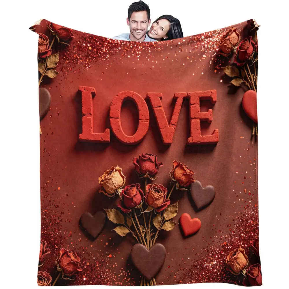 Romantic Red Rose LOVE Print Blanket Flannel Throw Warm Gift Blanket Valentines Couple Bedroom Sofa Decor