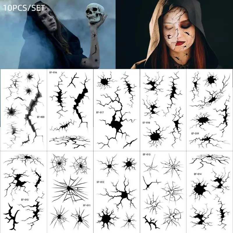 10 folhas de halloween crack mark rosto adesivo aranha web tatuagens temporárias preto horror corpo maquiagem engraçado à prova dwaterproof água tatuagem adesivo