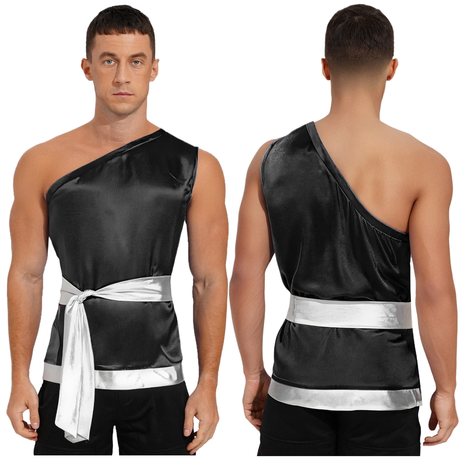 

New Mens Liturgical Praise Dance Top with Lacing Waist Belt Sleeveless One Shoulder Satiny Shirt Top for Worship Lyrical Dance