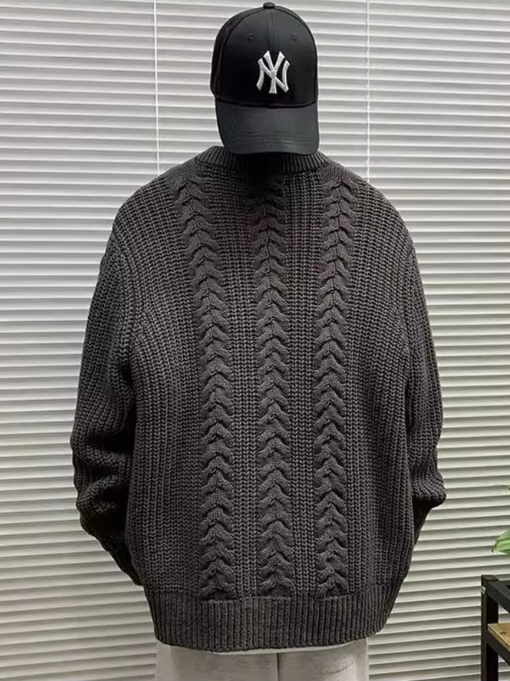 Cardigan in maglia a trecce grosso vintage autunno inverno da uomo oversize grigio scuro con spalle scoperte cappotto giacca calda in maglia slouchy sul davanti