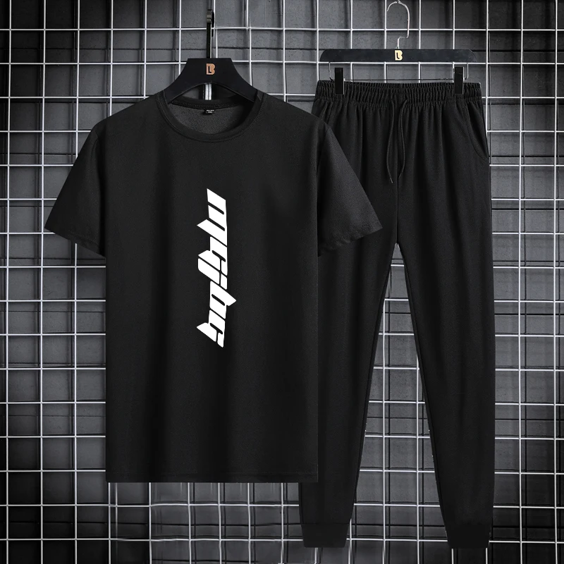 Summer new men\'s round neck quick drying casual sports and fitness breathable short sleeved+long pants set, two-piece set