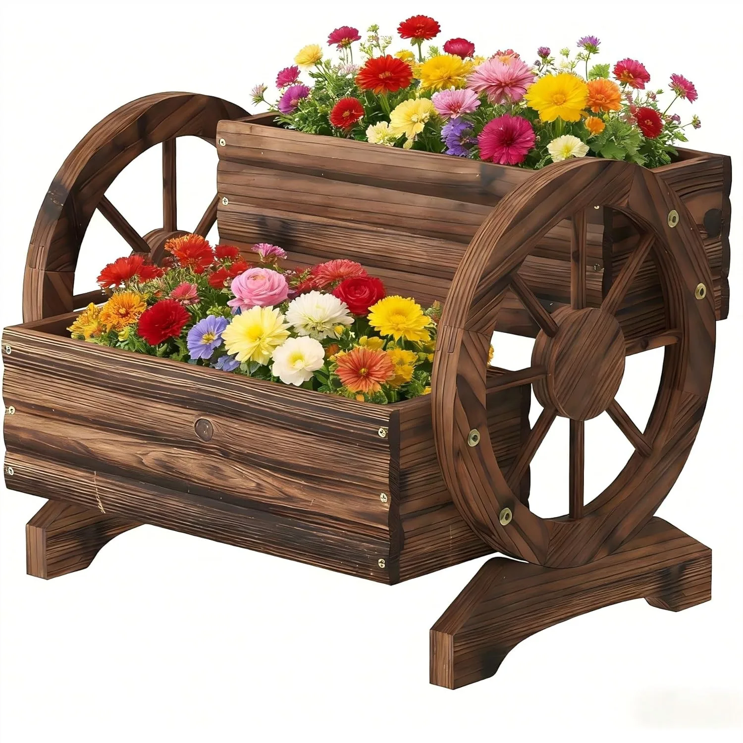 

Wooden Wagon Planter with Wheels for Outdoor Garden Patio Decoration, Carbonized Fir Wood Flower Cart for Succulents Herbs