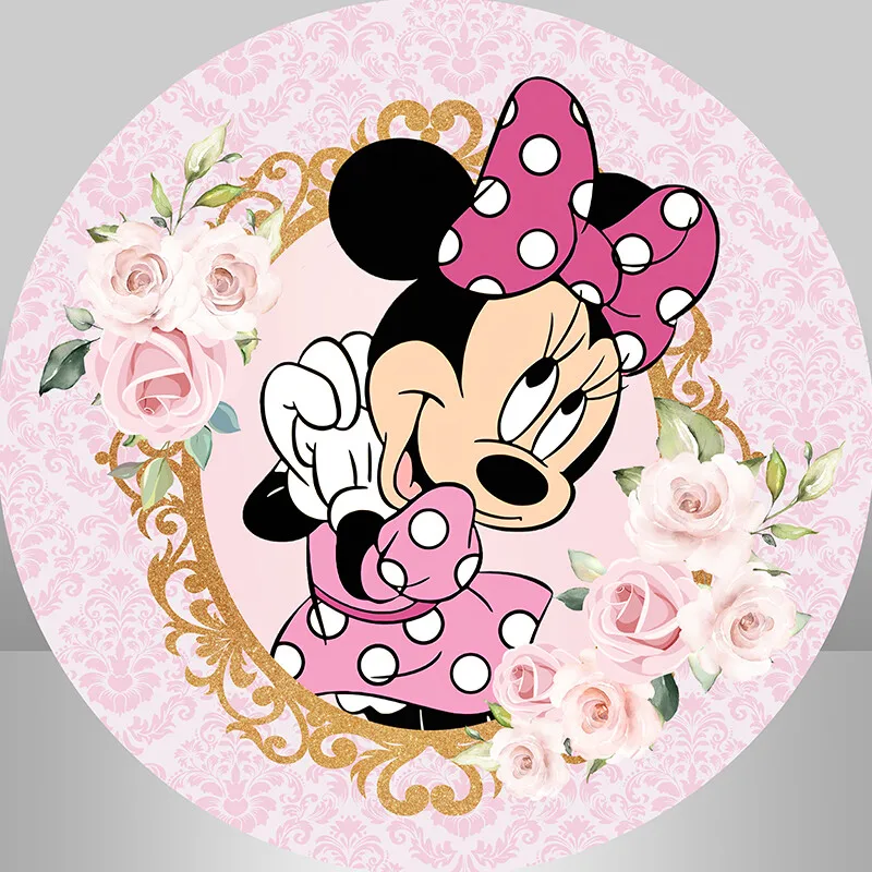 Pink Flowers Minnie Mouse Round Backdrop Cover Girl Birthday Party Banner Photo Studio Circle Backgrounds