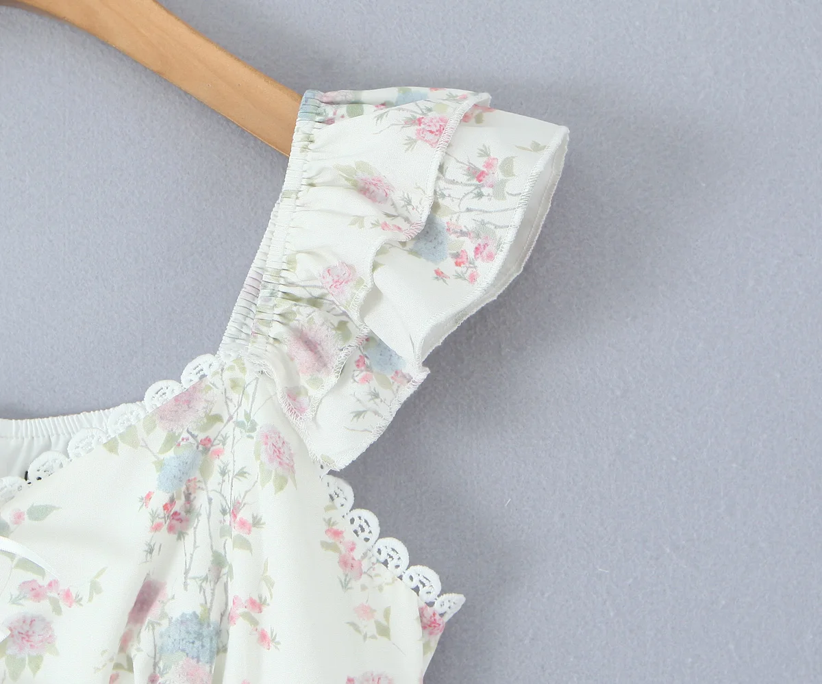 Robe débardeur en dentelle épissée, imprimé Floral, Sexy, col en V, bretelles à volants, oreilles en bois, taille basse, robes courtes, Robe trapèze doublée