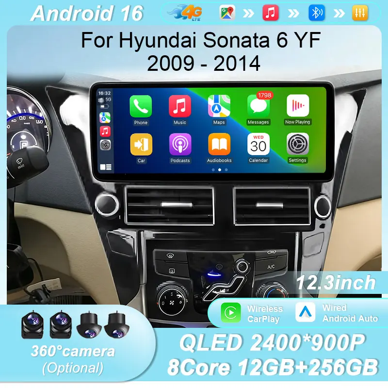 Android16 12.3 Inch Car Stereo for Hyundai Sonata 6 YF 2009-2014 Wireless CarPlay GPS BT WiFi DSP IPS HD Touch Screen Multimedia