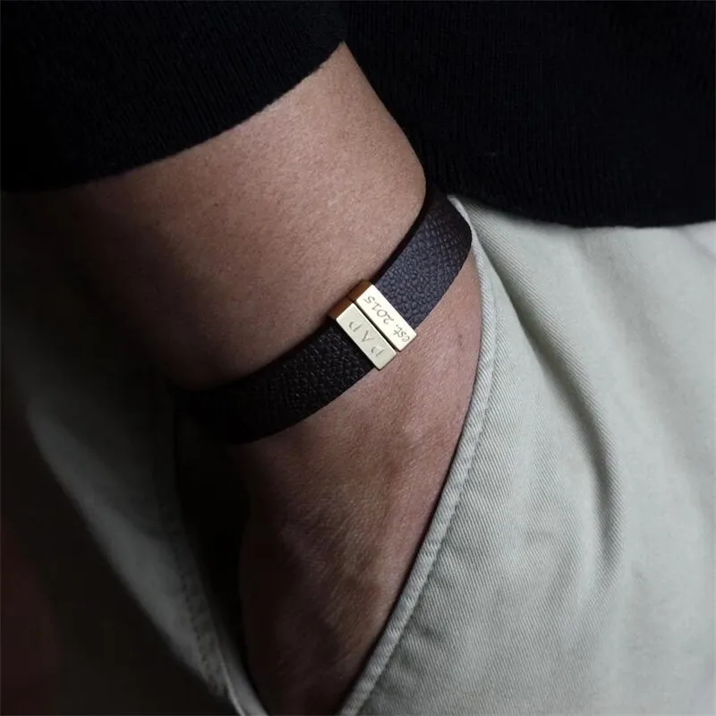 Customized Leather Bracelet for Men Stainless Steel Engrave Family Name Id Tag For Dad Father\'s Day Gift