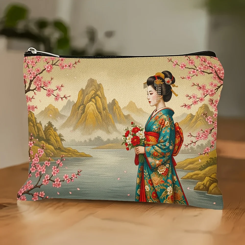Japanese Ukiyo Kimono Woman Fuji Sakura Makeup Bag Storage Bag for Storing Small Items Daily Commuting Accessory Storage Travel