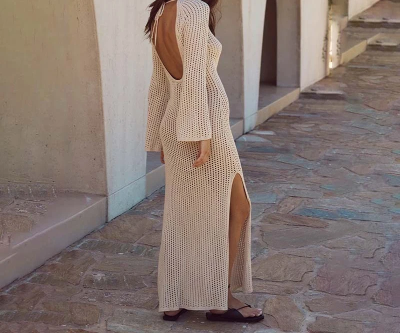 2025, nieuwe sexy uitgesneden open rug gebreide jurk, badplaats, lange rok, zonnebrandcrème