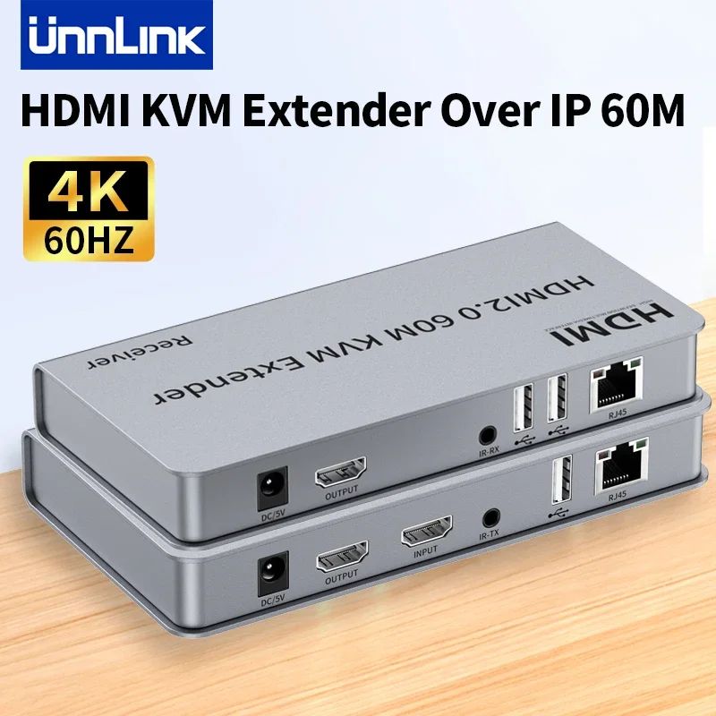 Unnlink 4K 60Hz 60m HDMI KVM Extender over IP Rj45 Cat6 USB Ethernet Extender 196FT