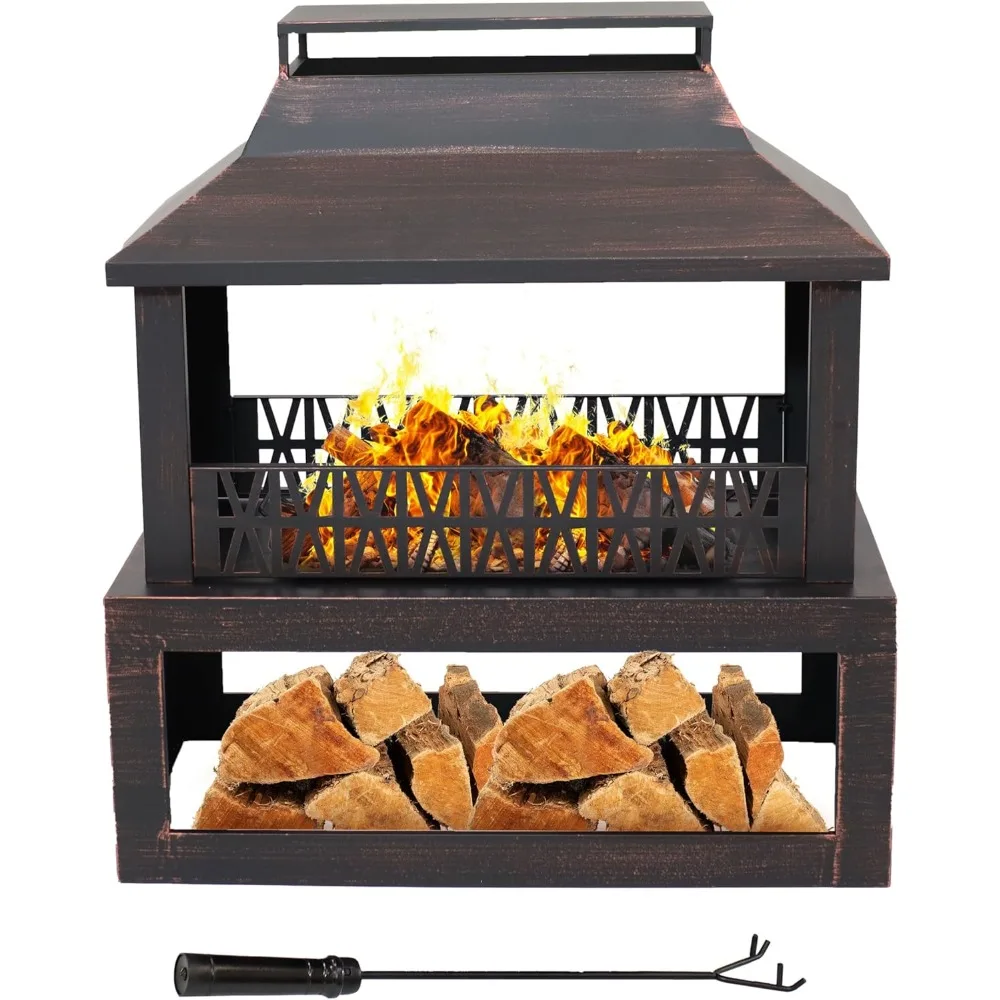 Fireplace Blaze 35-Inch H Heavy-Duty Steel Outdoor Fireplace with Built-in Log Storage-Includes Protective Cover-Brushed Bronze