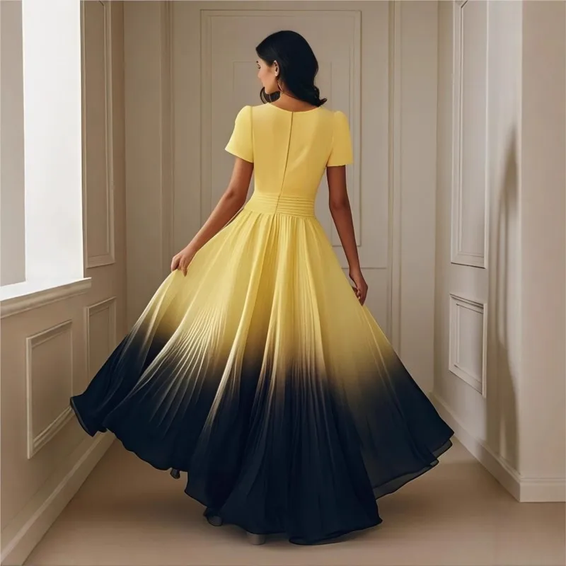 Temperament Evening Dress Vestido Dresses 2025 Woman Elegant French Slim V-link Slit Contrast Gradient Banquet Tighten The Waist