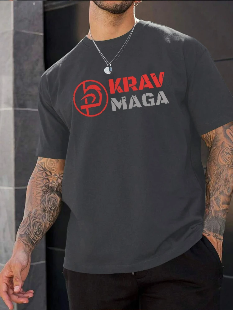 

Men's casual T-shirt, printed with red Krav Maga logo, and cotton breathable short-sleeved T-shirt in summer.