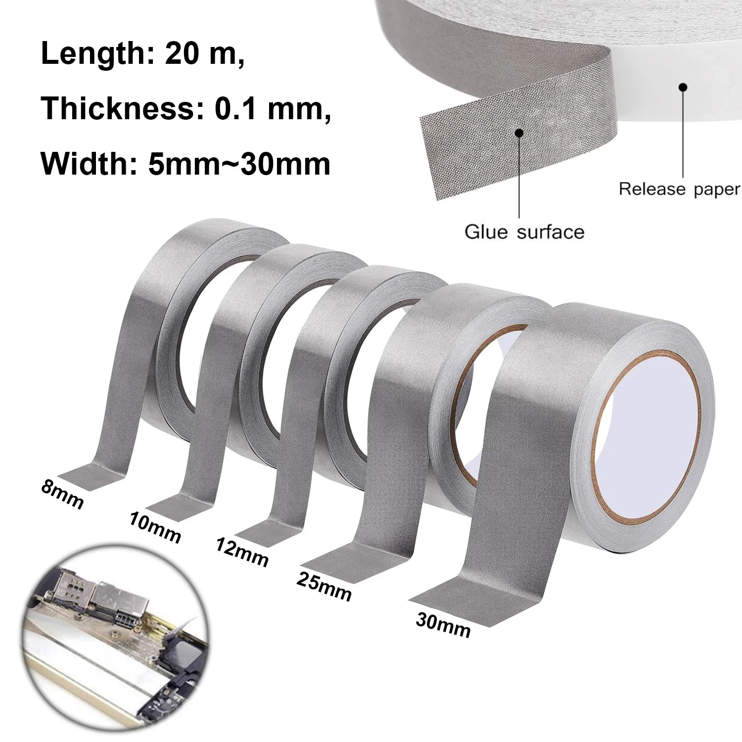 1-3Rolls 20M Double Conductive Fabric Tape 5-50mm, EMI Shielding Grounding Adhesive Tape for LCD, PCB, Cable Wire Harness