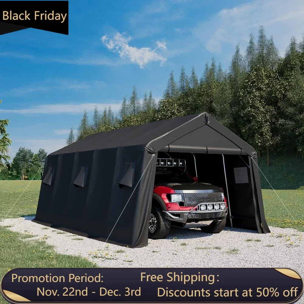 Portable garage with 13 x 20 FT all steel metal frame and ventilation openings, snow proof canopy, outdoor storage shed