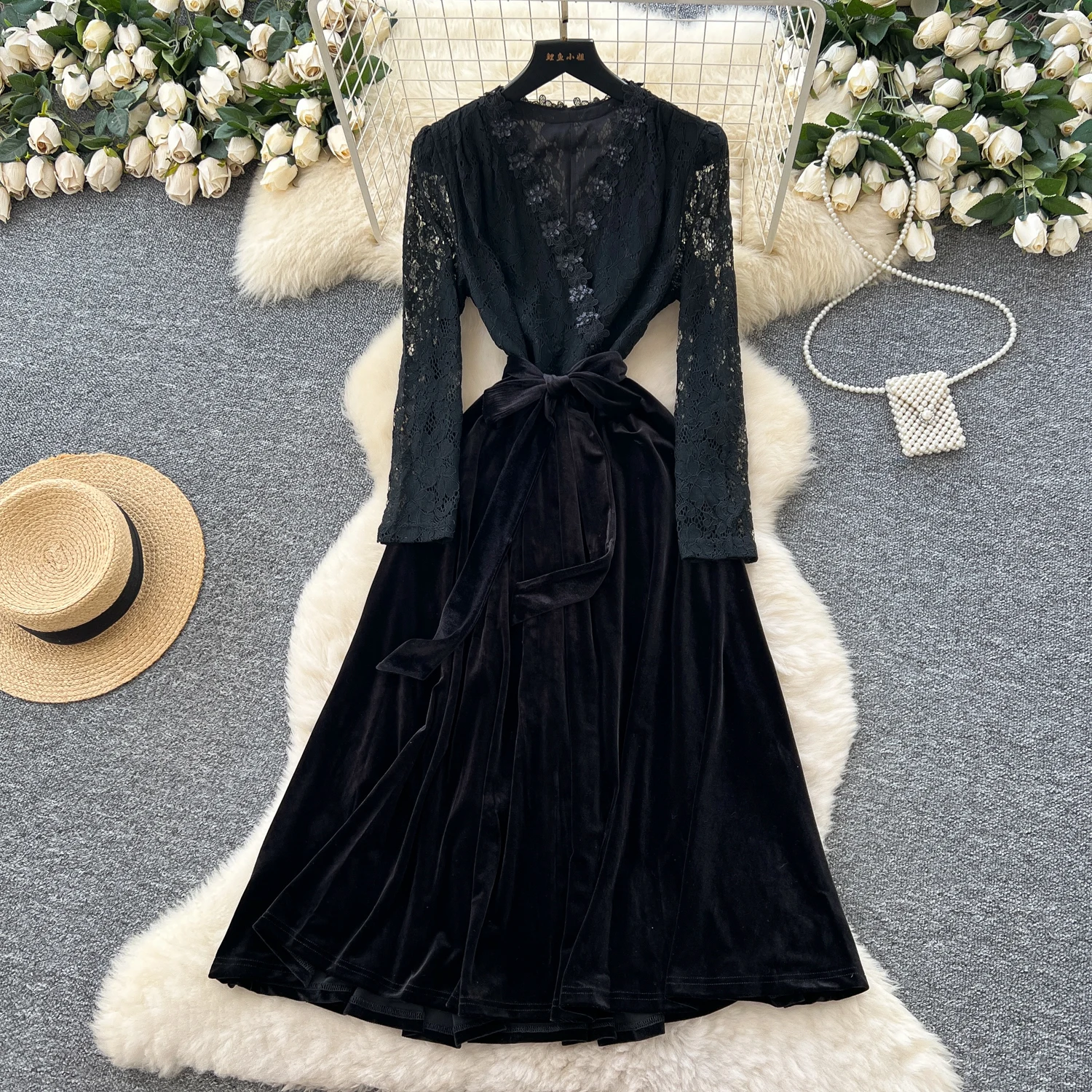 Chique vintage velours geplooide elegante fee Koreaanse mode Boho zonnejurk dameskleding lange jurk