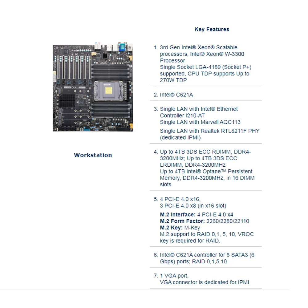 For Supermicro Workstation Motherboard LGA-4189 DDR4 3rd Gen Xeon Scalable Processors Xeon W-3300 Processor X12SPA-TF