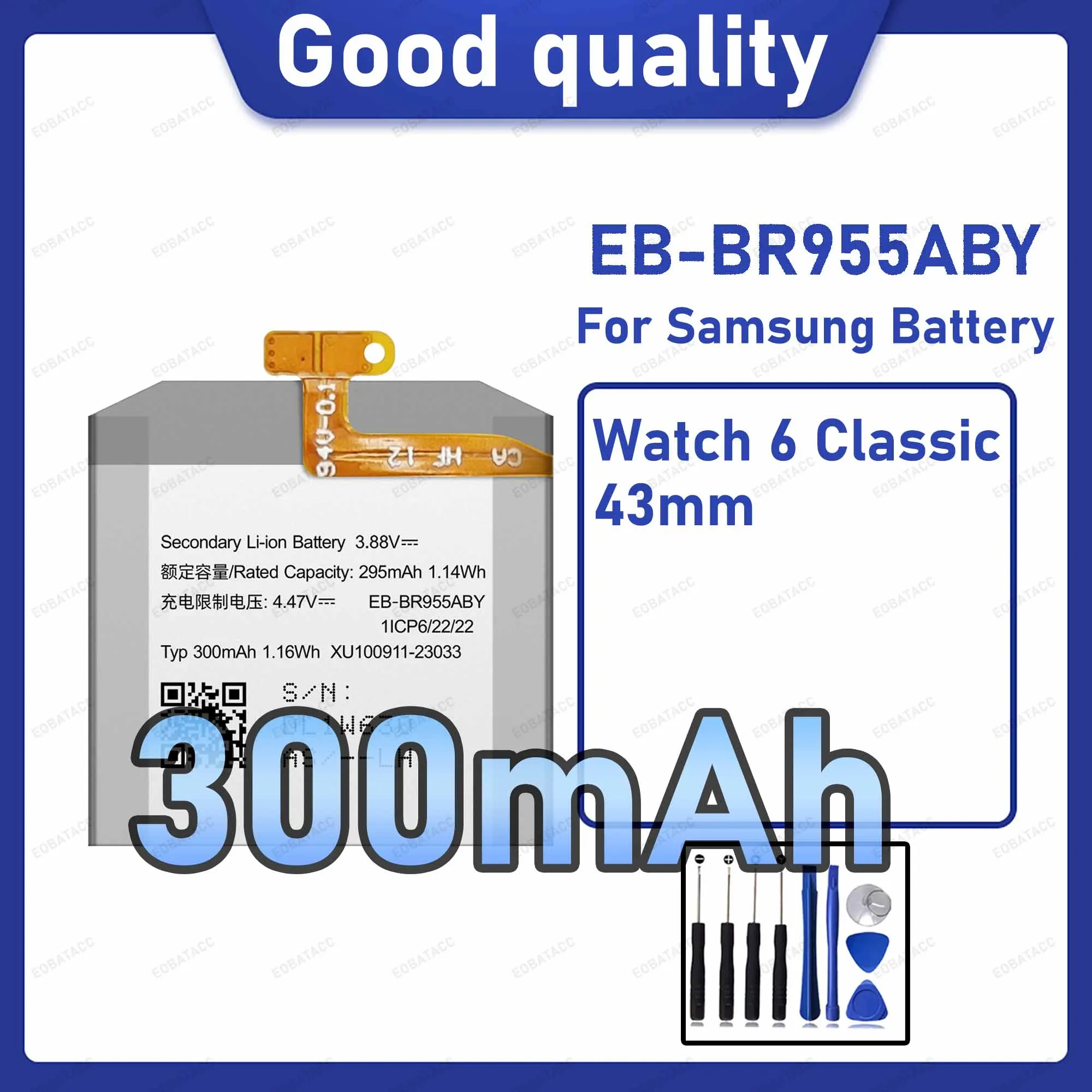 

300mAh EB-BR955ABY Replacement Battery for Samsung Watch 6 Classic 43mm with Repair Tools Kit