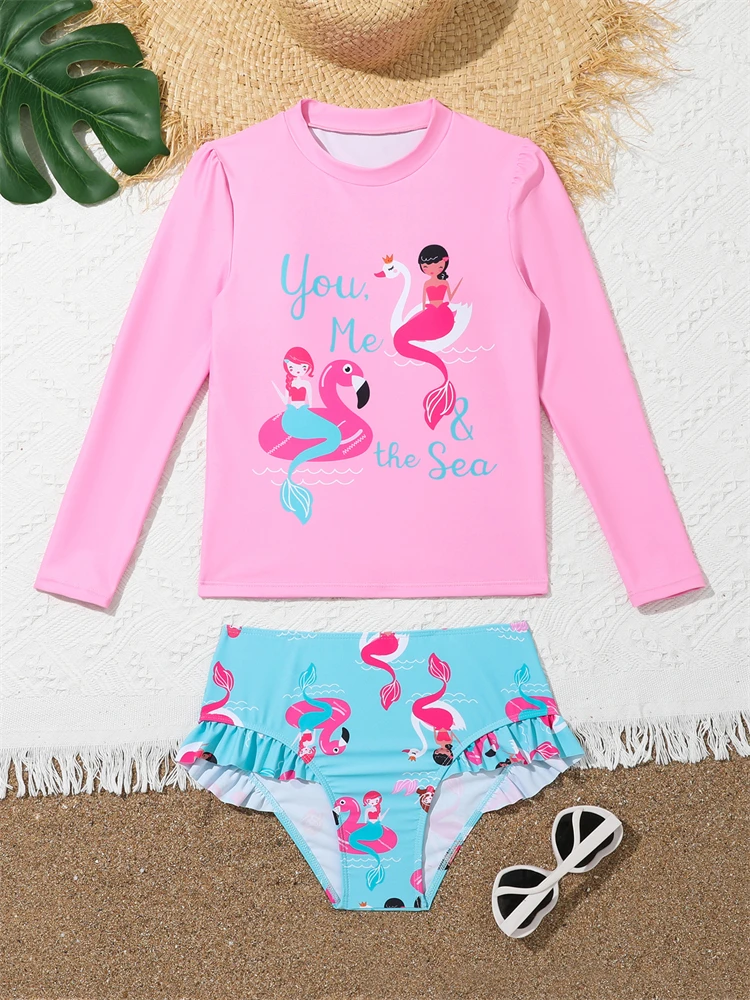 Kids Swimsuit Girls 2024 New Flamingo Long Sleeve Children Swimwear Summer High Waist Two Piece Ruffle Beach Wear Bathing Suit