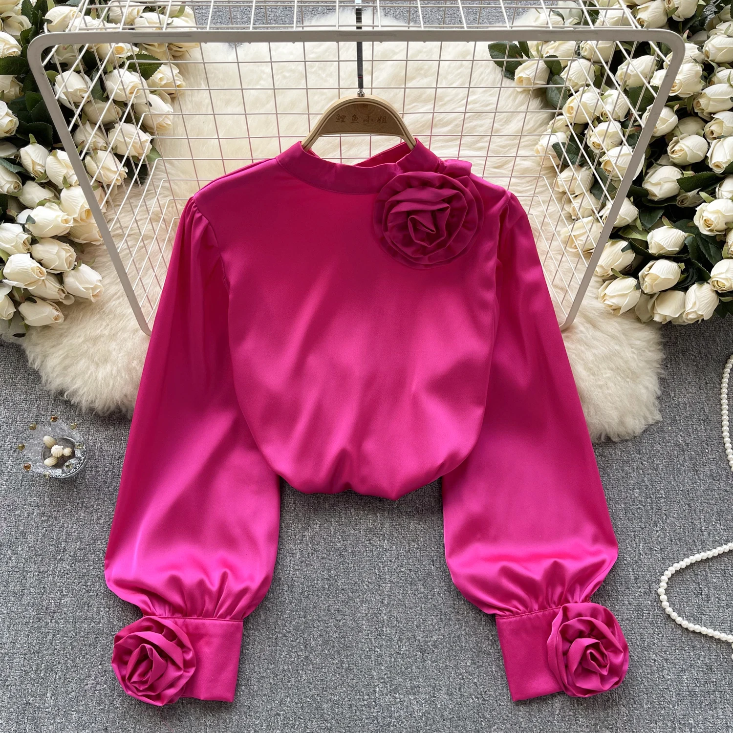 Chic Elegant Satin Three-dimensional Floral O Neck Long Sleeve Loose Top Vintage Korean Fairy Crop Top Autumn Women Clothing