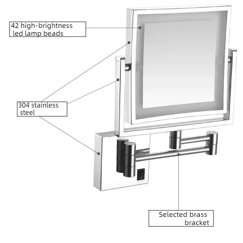 Foldable Scalable Makeup Mirrors Double Sided LED Square Bathroom Mirror Luxury Swivel Portable Bathroom Magnifying Mirror