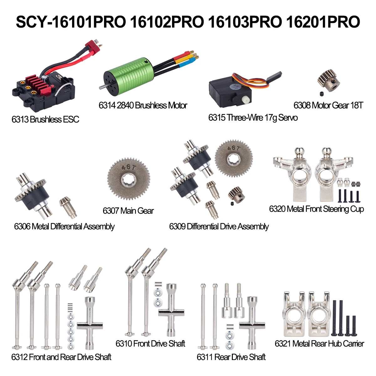 SCY 16101 PRO 16102 PRO 16103 PRO RC Car DIY Original Parts Metal Brushless Motor Gear Drive Shaft Upgrade Parts